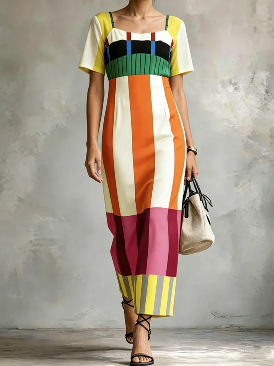 Elegant Geometric Printing Square Neck Maxi Dress