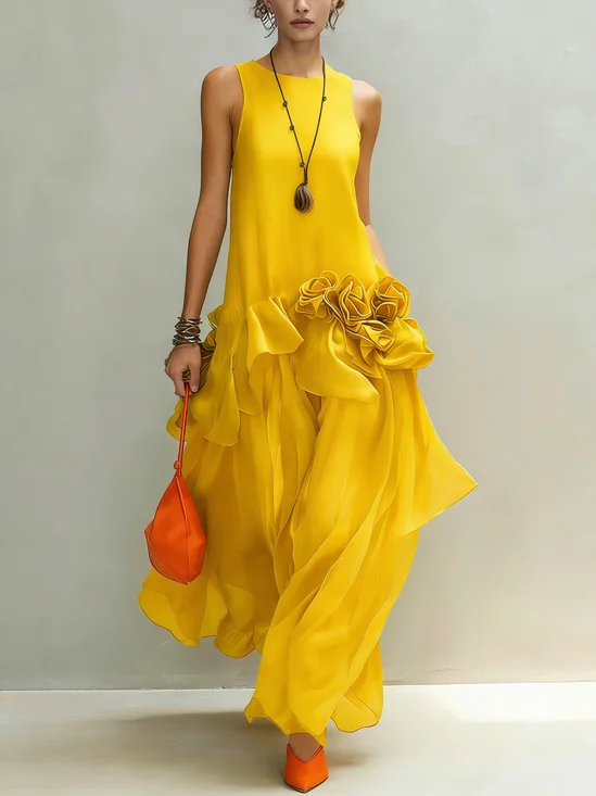 Elegant Plain 3D Floral Crew Neck Maxi Dress