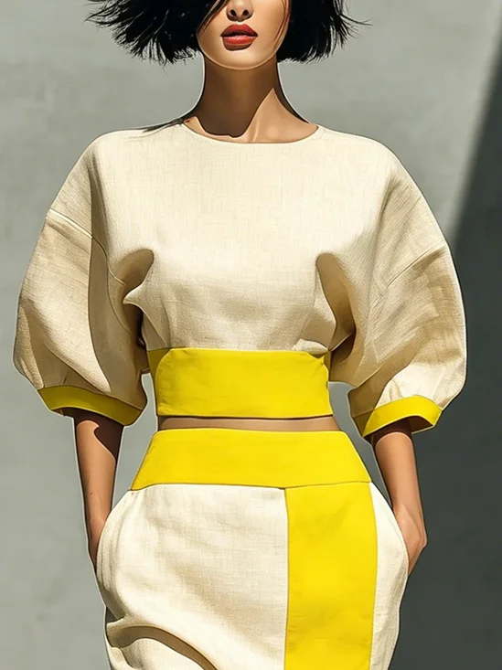 Cotton And Linen Urban Color Block Split Joint Crew Neck Blouse