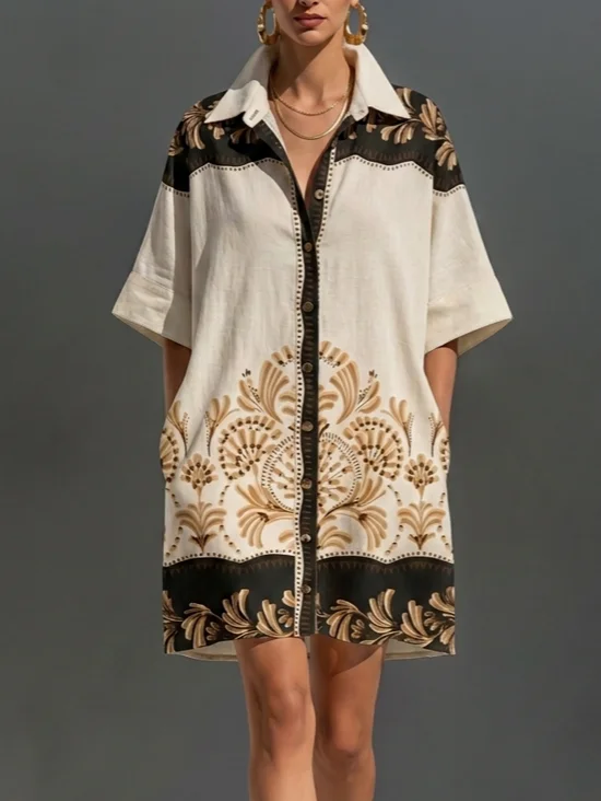 Vacation Abstract Printing Shirt Collar Mini Dress