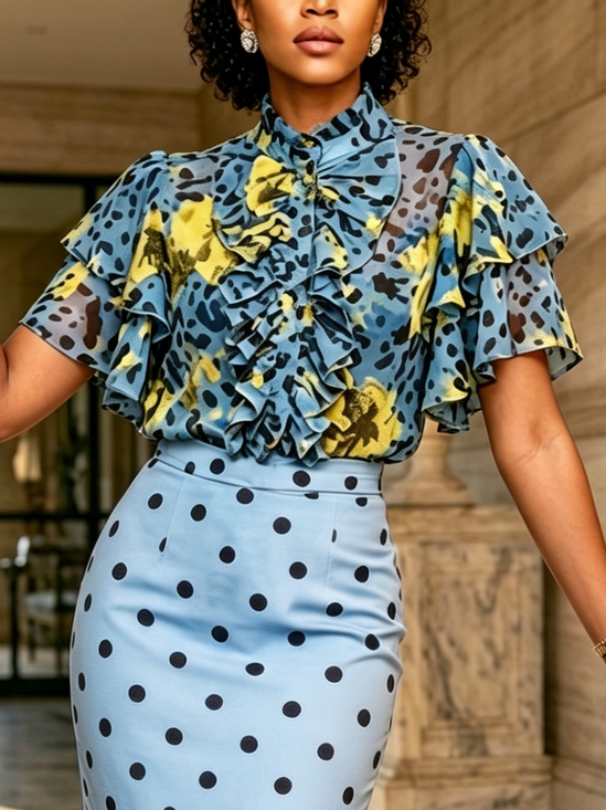 Chiffon Elegant Leopard Printing Mock Neck Ruffle Sleeve Blouse
