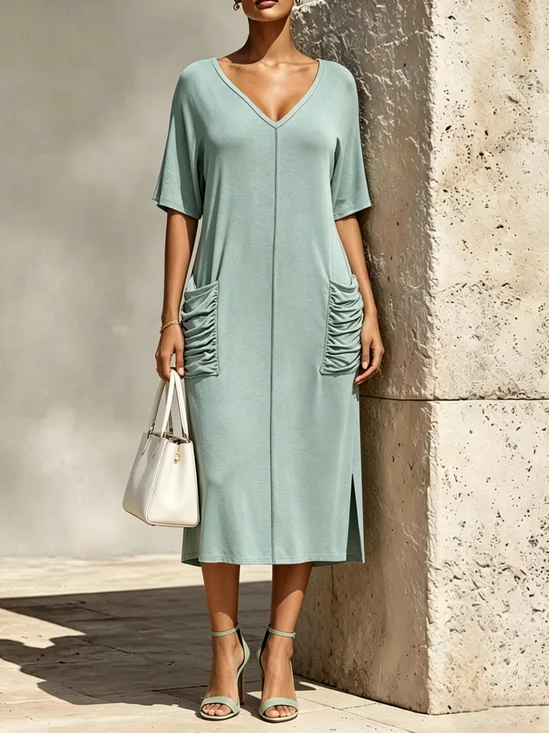 Casual Plain Pockets V Neck Midi Dress