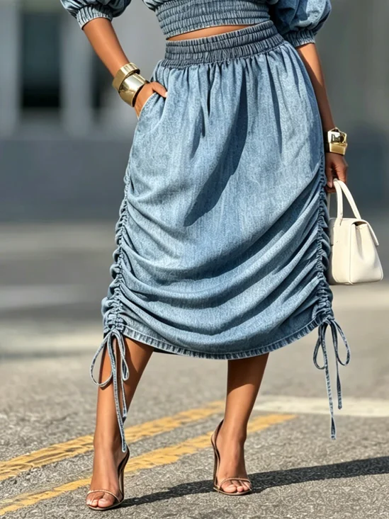 Urban Ruched Plain Midi Denim Skirt