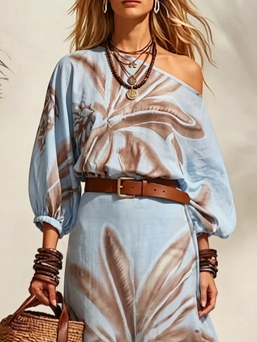 Vacation Coconut Tree Printing Cold Shoulder Blouse
