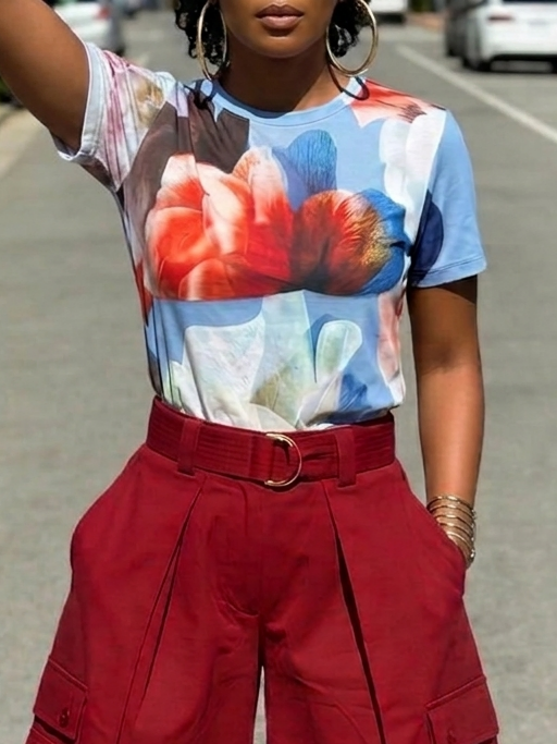 Casual Floral Printing Crew Neck T-shirt
