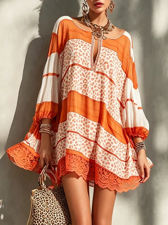 Vacation Geometric Crew Neck Mini Dress