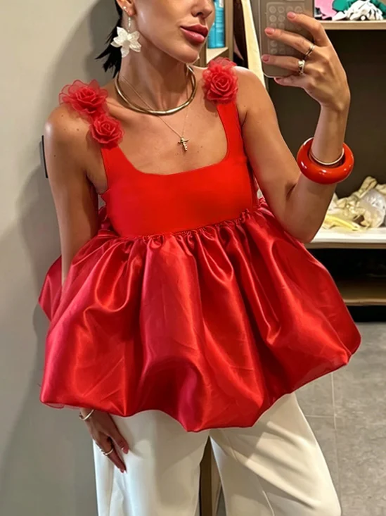 Elegant Plain 3D Floral Spaghetti Blouse