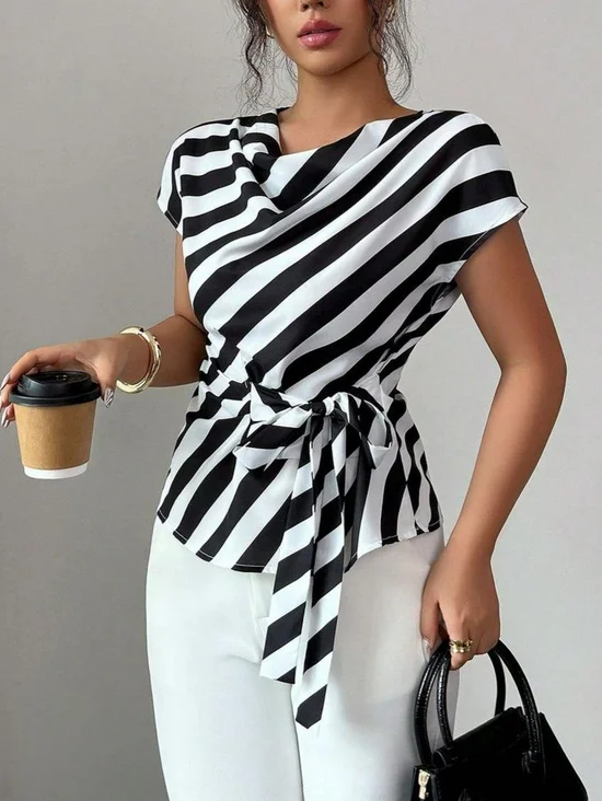 Urban Striped Printing Lace-up Blouse