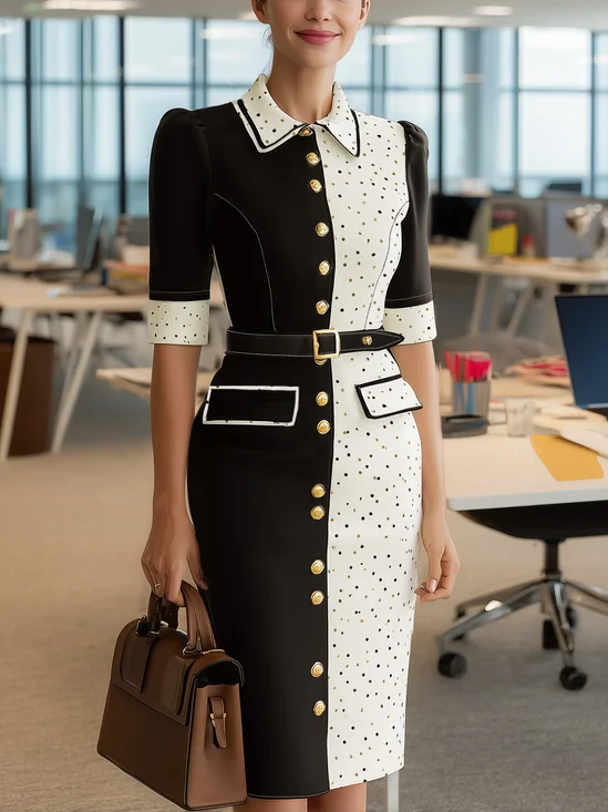 Urban Polka Dots Puff Sleeve Printing Shawl Collar Knee Length Dress No Belt