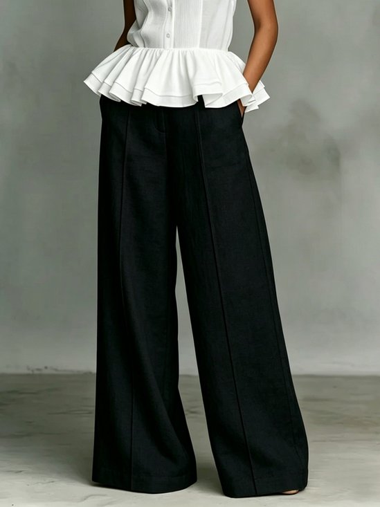 Cotton And Linen Urban Plain Distressing Wide Leg Pants