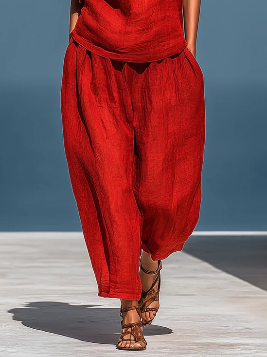 Cotton And Linen Casual Plain Distressing Baggy Pants