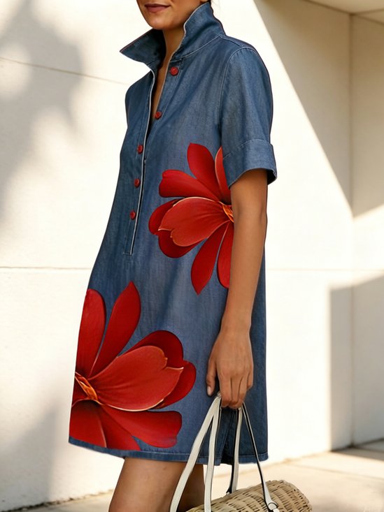 Casual Floral Buttoned Shawl Collar Soft Tencel Denim Mini Dress