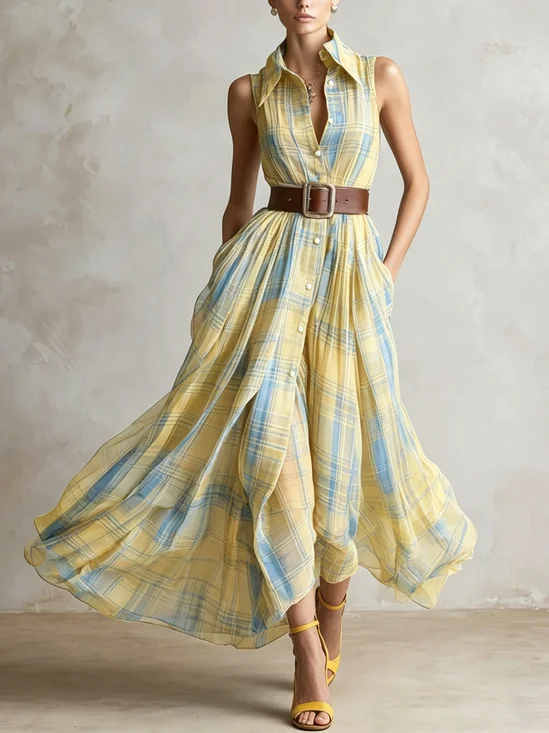 Urban Plaid Shirt Collar Maxi Dress No Belt