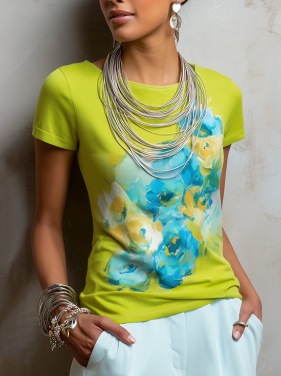 Elegant Floral Printing Crew Neck T-shirt