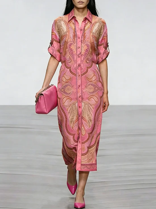 Urban Ethnic Buttoned Shirt Collar Midi Dress