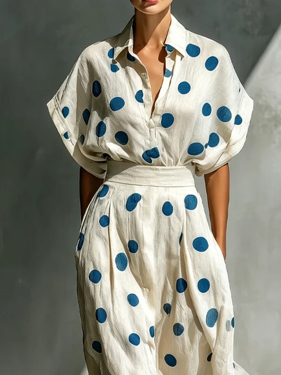 Cotton And Linen Casual Polka Dots Shirt Collar Shirt