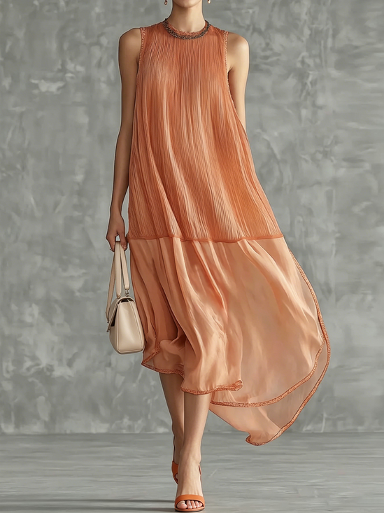 Elegant Plain Split Joint Crew Neck Midi Dress