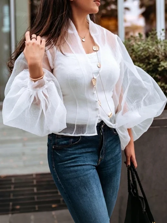 Organza Urban Plain V Neck Balloon Sleeve Shirt