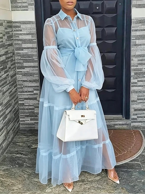 Elegant Plain Shirt Collar Maxi Dress With Belt