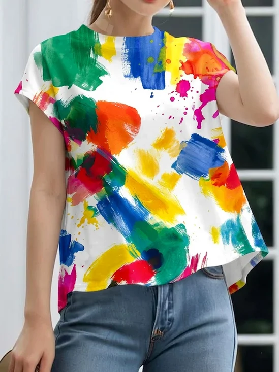 Casual Random Print Crew Neck Blouse