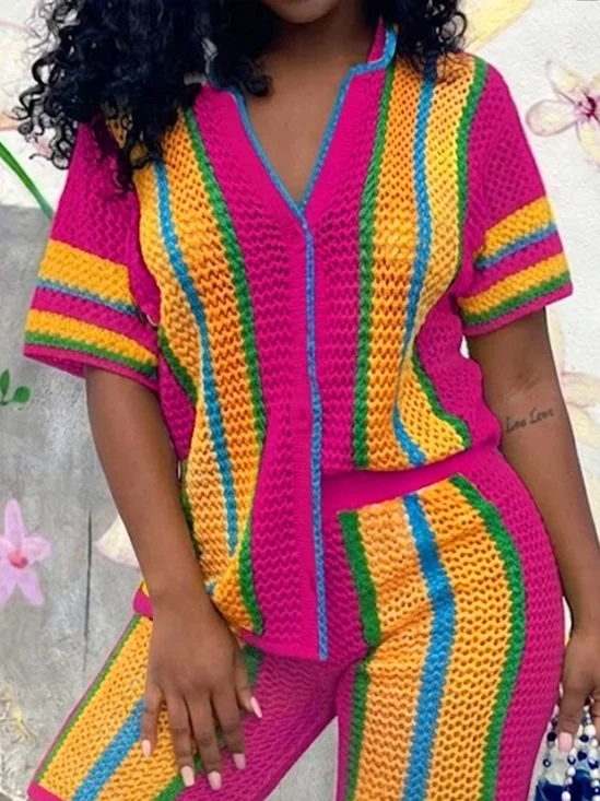 Casual Color Block Buttoned Shawl Collar Knit Top