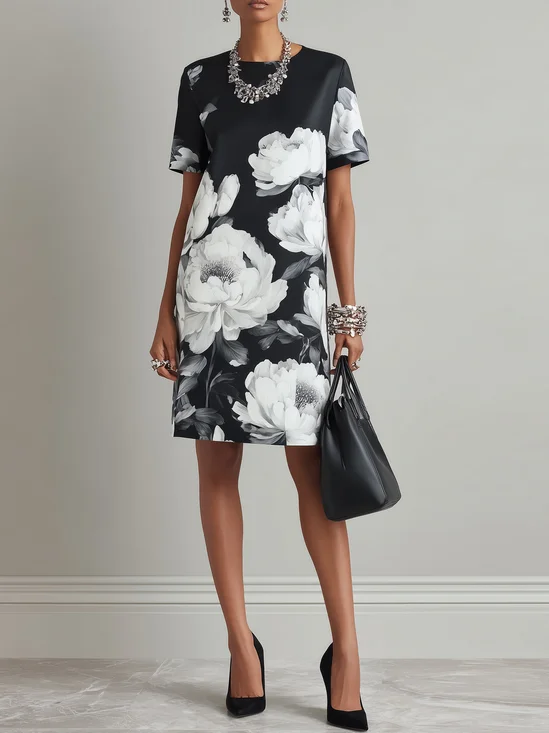 Urban Floral Printing Boat Neck Knee Length Dress