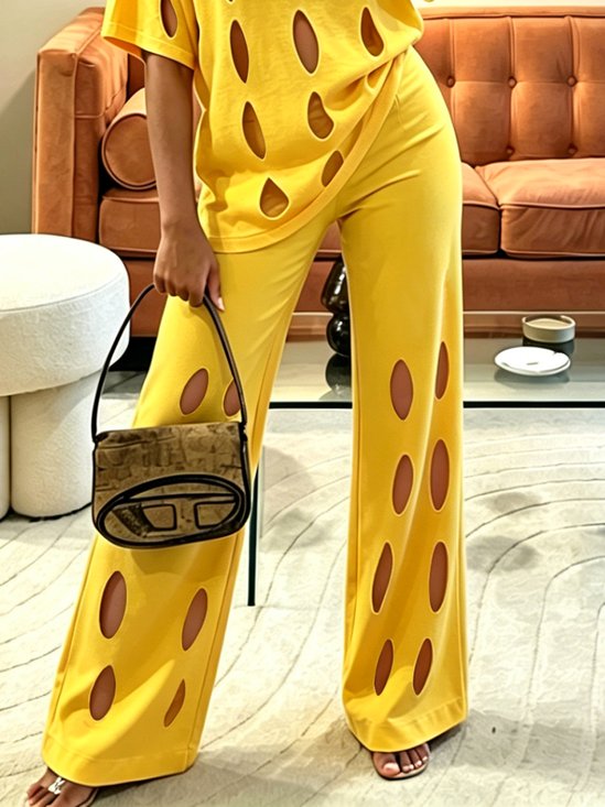 Casual Plain Hollow Out Wide Leg Pants