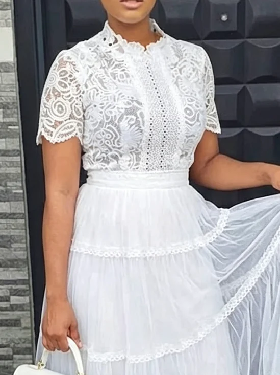 Elegant Plain Lace Stand Collar Blouse