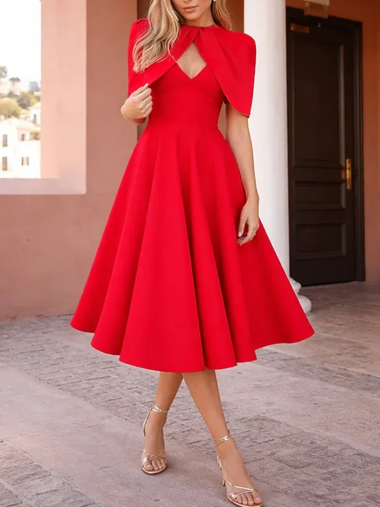 Elegant Plain Ruched Crew Neck Midi Dress