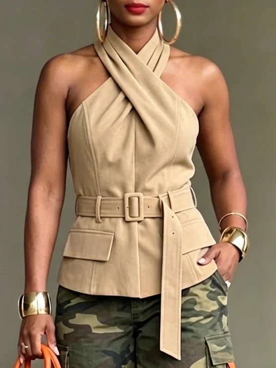 Urban Plain Cross Halter Neck Blouse