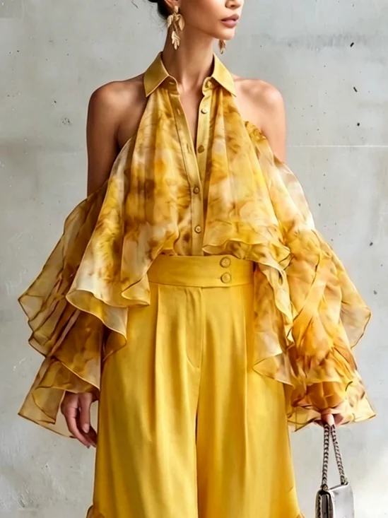Elegant Ombre Printing Shirt Collar Off Shoulder Sleeve Shirt