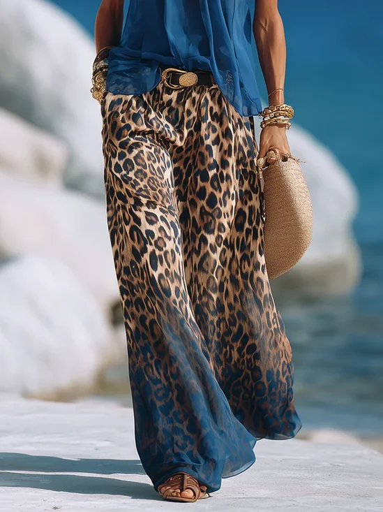 Plus Size Casual Color Block Wide Leg Pants No Belt