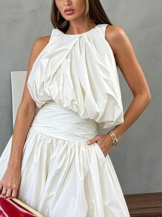 Cotton Elegant Plain Ruched Crew Neck Blouse