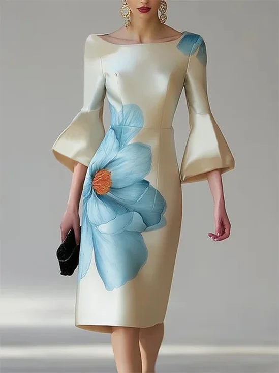 Elegant Floral Bell Sleeve Printing Boat Neck Midi Dress