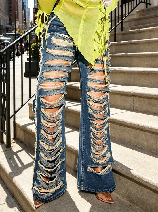 Denim Ripped Plain Casual Jeans