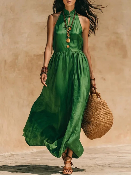 Cotton Vacation Plain Buckle Mock Neck Maxi Dress