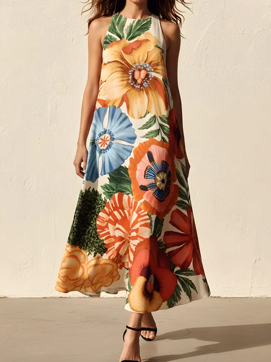 Vacation Floral Crew Neck Midi Dress