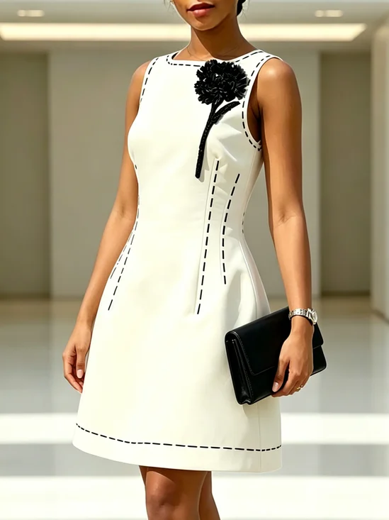 Urban Color Block 3D Floral Crew Neck Mini Dress