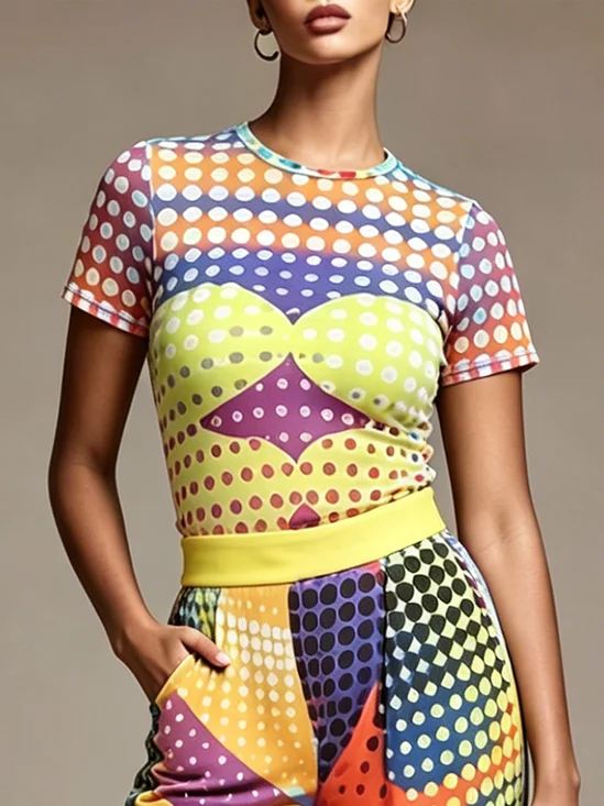 Casual Polka Dots Printing Crew Neck T-shirt