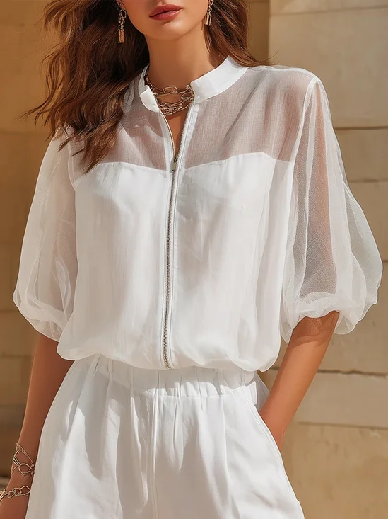 Casual Zipper Plain Stand Collar Jacket