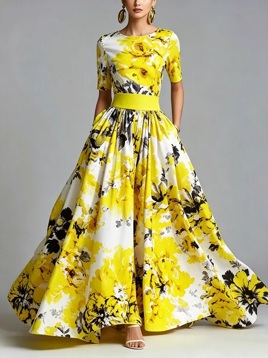 Elegant Floral Printing Crew Neck Maxi Dress