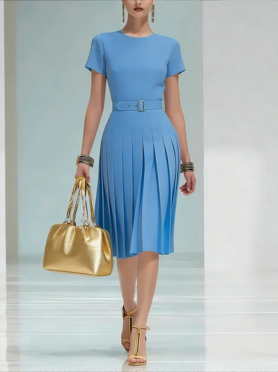 Urban Plain Pleated Crew Neck Midi Dress With Belt