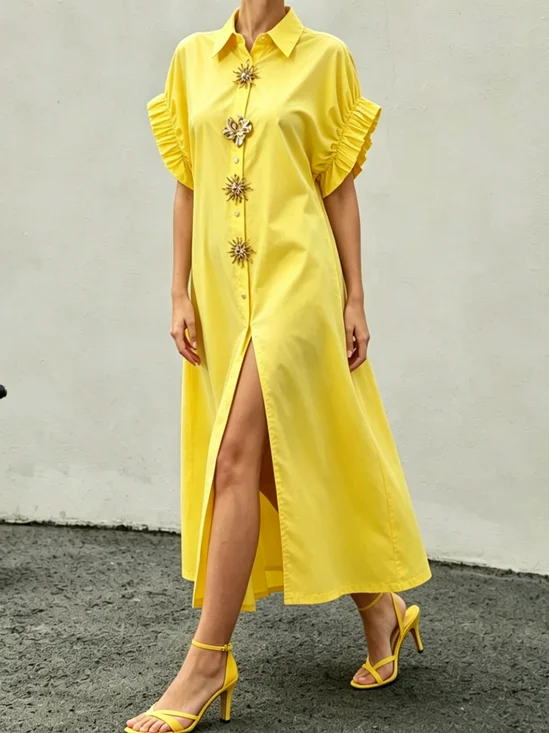 Urban Plain Button Detail Shirt Collar Maxi Dress