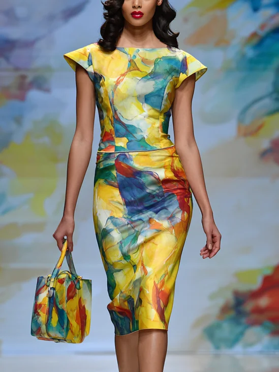 Elegant Random Print Printing Boat Neck Midi Dress