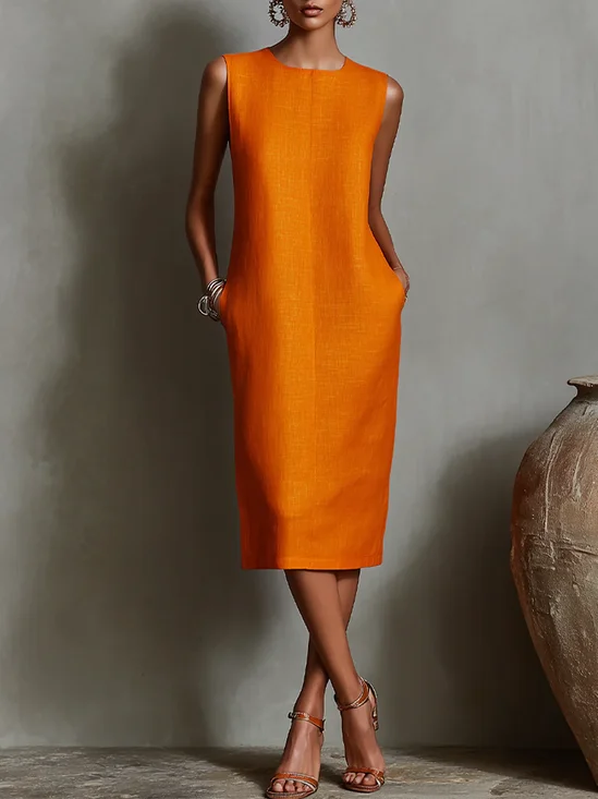Casual Plain Zipper Crew Neck Midi Dress