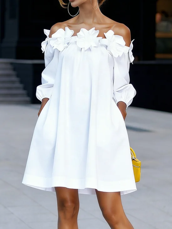 Plus Size Cold Shoulder Plain Elegant Loose Dress With Belt