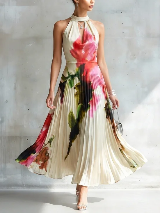 Elegant Floral Printing Halter Neck Maxi Dress