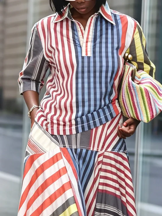 Urban Striped Shirt Collar Blouse