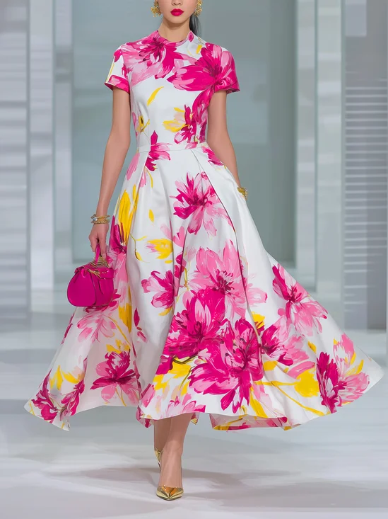 Elegant Floral Printing Mock Neck Maxi Dress