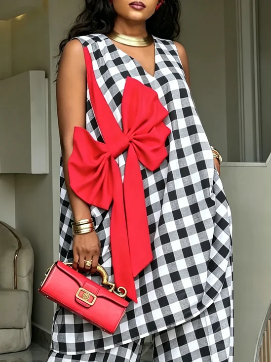Elegant Plaid Bow V Neck Blouse